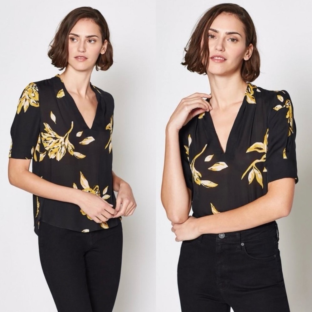 Joie Ance Floral Silk V-Neck Puff Sleeve Caviar Blouse \\ S